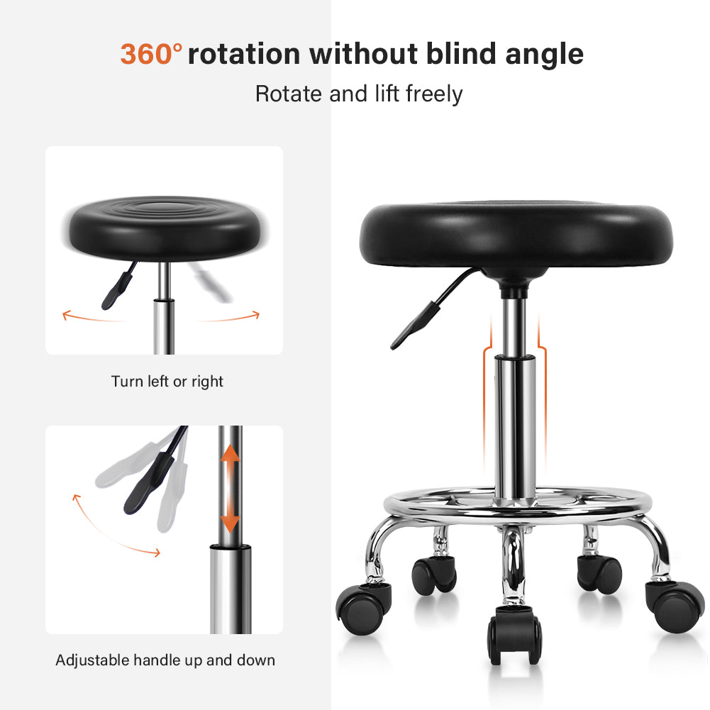 KKTONER PU Leather Modern Round Rolling Stool with Footrest Height Adjustable Spa Drafting Stools Small (Black)