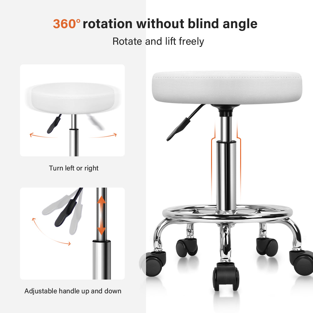 KKTONER PU Leather Round Rolling Stool with Foot Rest Swivel Height Adjustment Spa Office Massage Stools Small (White)