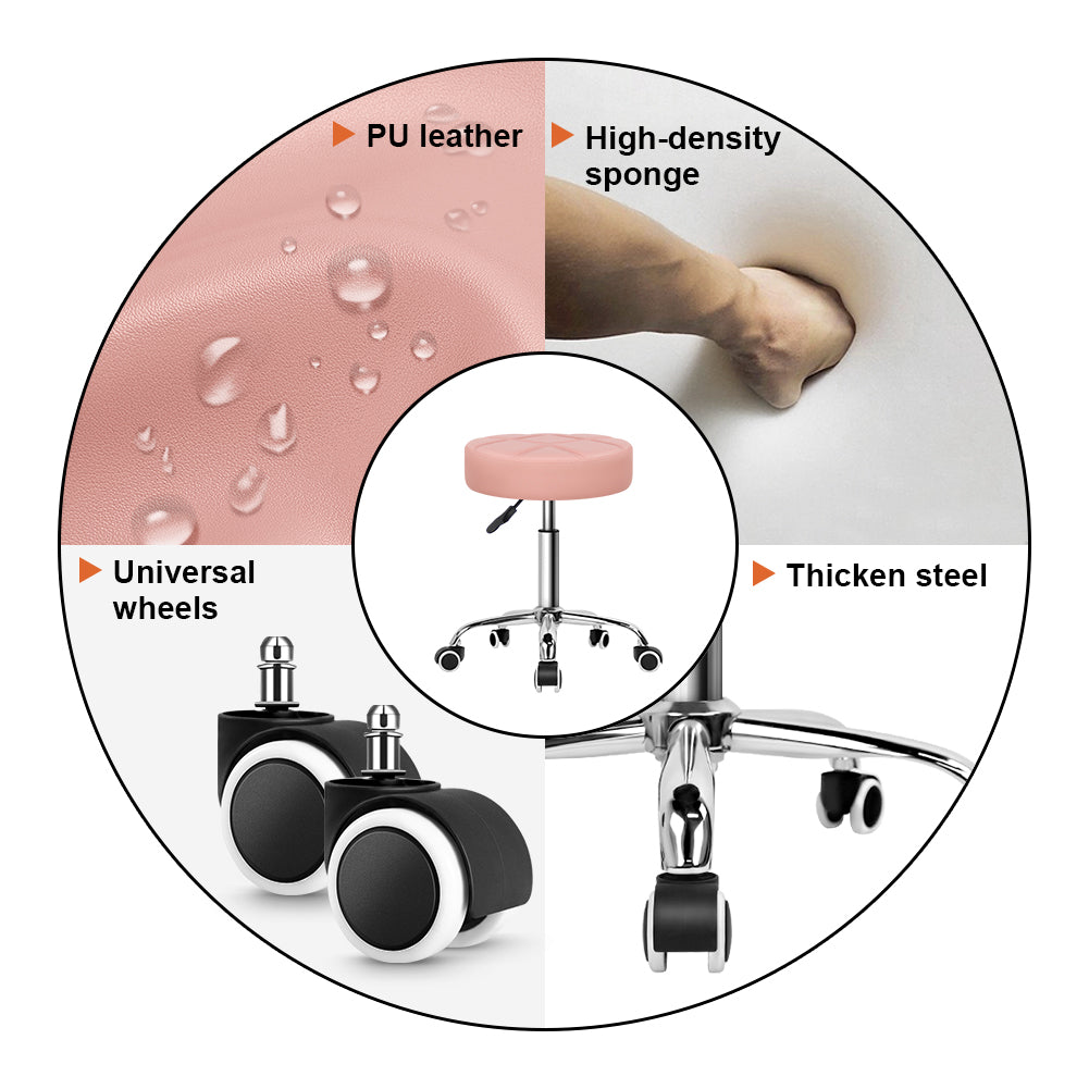 KKTONER Round Rolling Stool Chair PU Leather Height Adjustable Shop Salon Stools Pink
