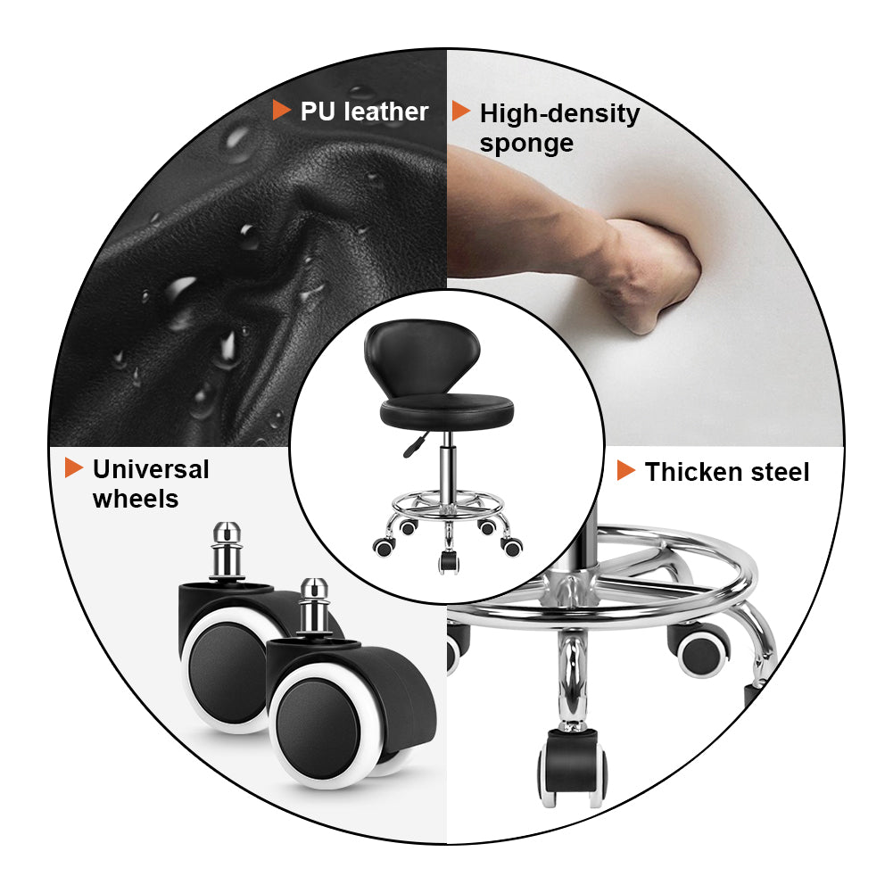 KKTONER Black Low-Back Faux Leather Swivel Stool with Footrest, Height Adjustable, Modern Castor Office Chair
