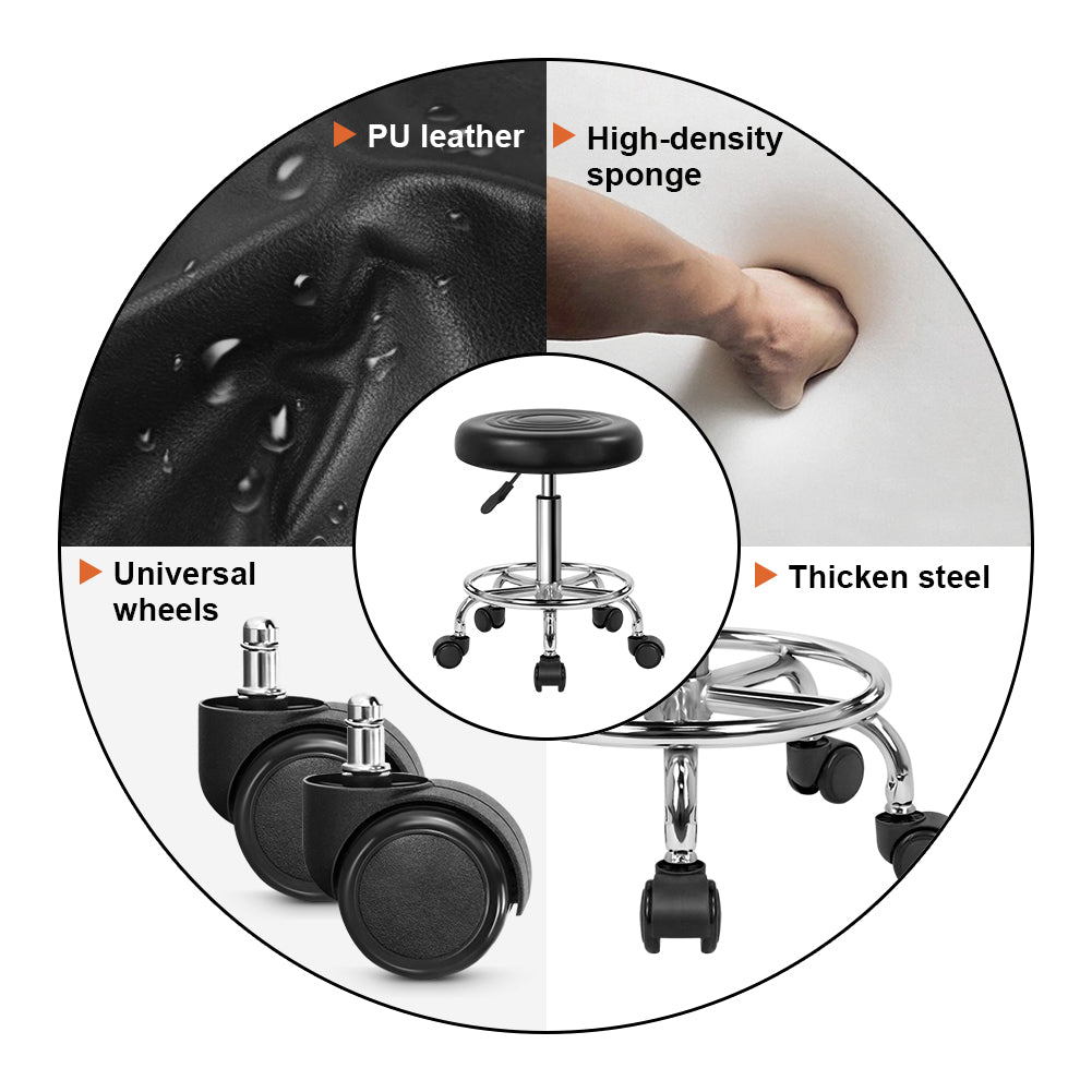 KKTONER PU Leather Modern Round Rolling Stool with Footrest Height Adjustable Spa Drafting Stools Small (Black)