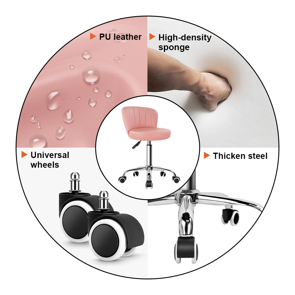 KKTONER Rolling Stool with Backrest Height Adjustable Office Chair PU Leather Swivel Vanity Chair with Wheels (Pink)