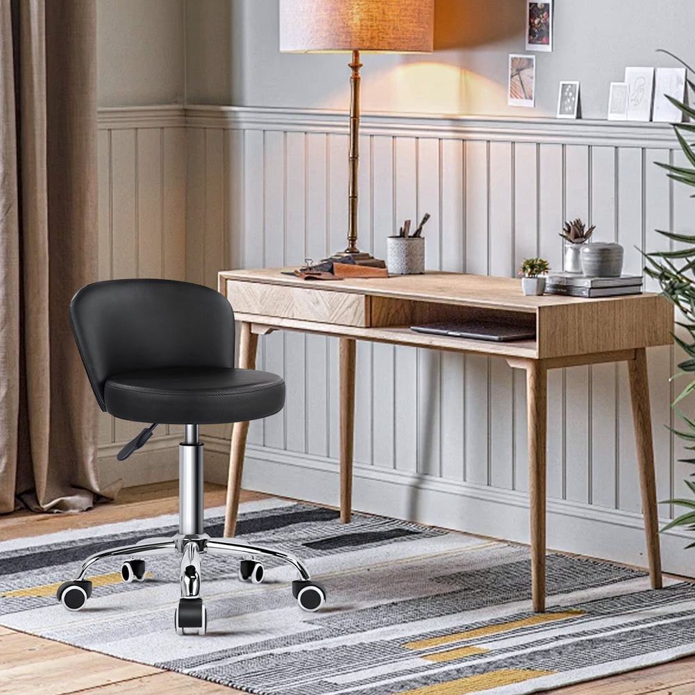 KKTONER Rolling Vanity Chair with Backrest Height Adjustable Office Chair PU Leather Swivel Drafting Stool with Wheels