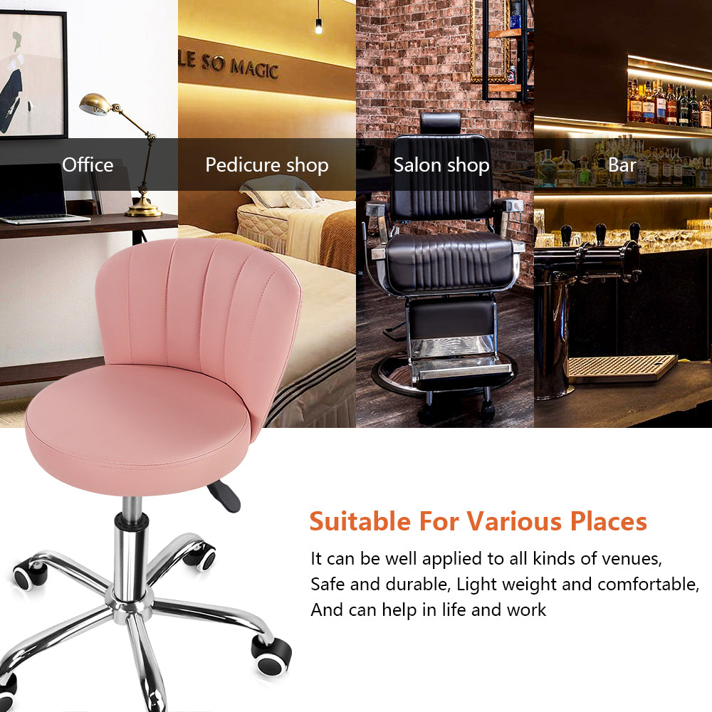 KKTONER Rolling Stool with Backrest Height Adjustable Office Chair PU Leather Swivel Vanity Chair with Wheels (Pink)