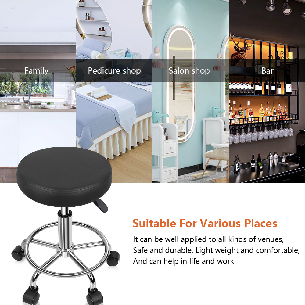 KKTONER PU Leather Round Rolling Stool with Foot Rest Swivel Height Adjustment Spa Office Massage Stools Small (Black)