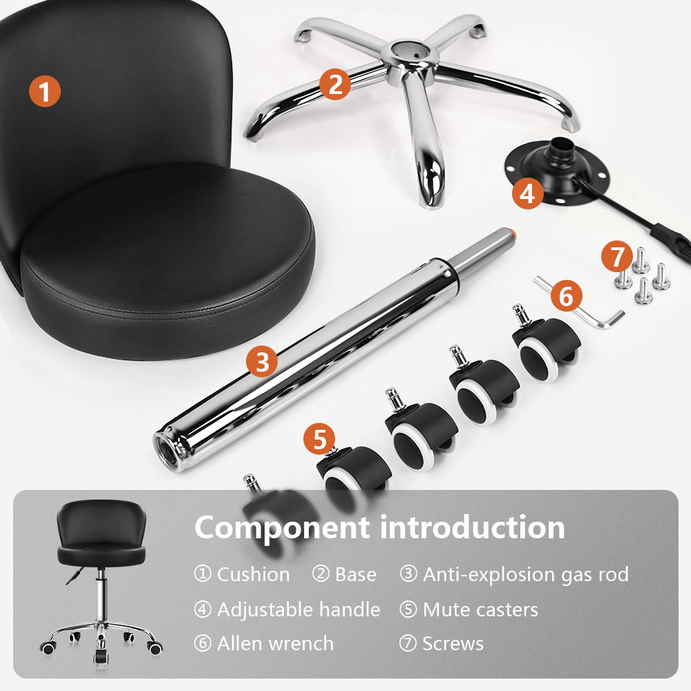 KKTONER Rolling Vanity Chair with Backrest Height Adjustable Office Chair PU Leather Swivel Drafting Stool with Wheels