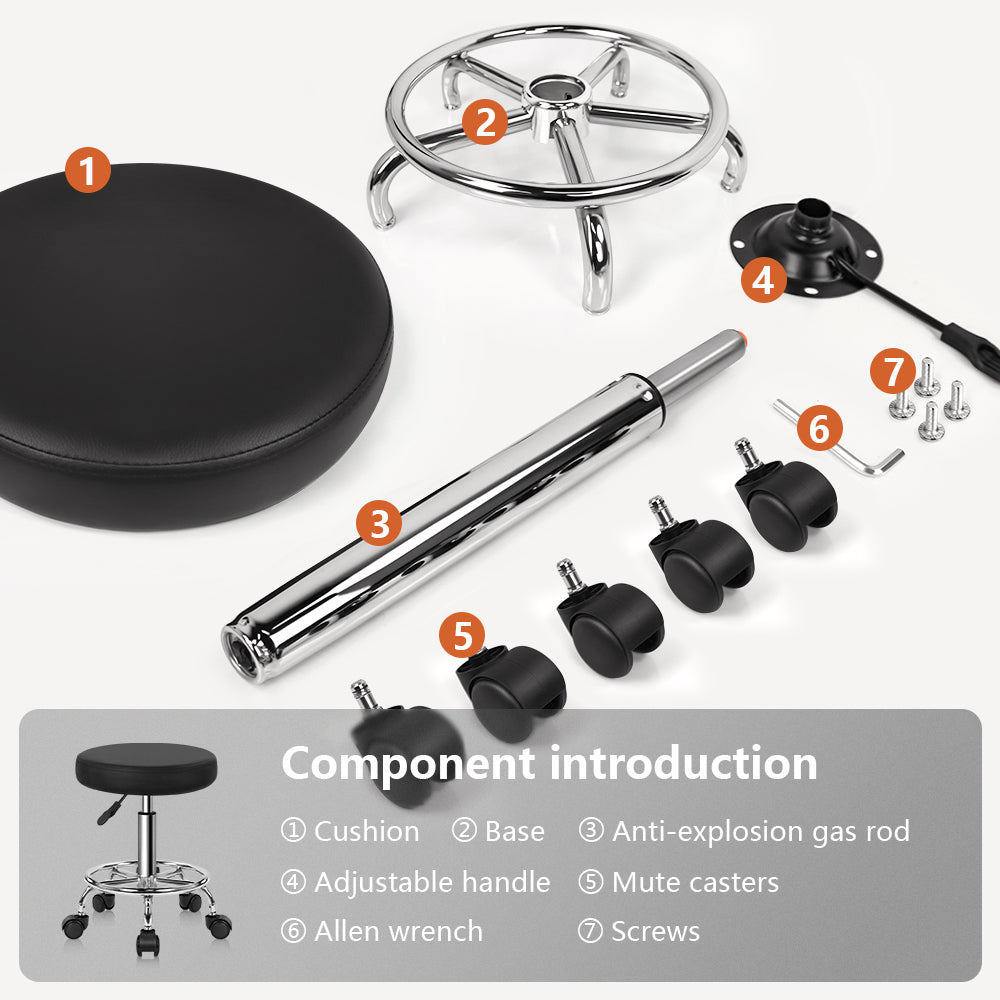 KKTONER PU Leather Round Rolling Stool with Foot Rest Swivel Height Adjustment Spa Office Massage Stools Small (Black)