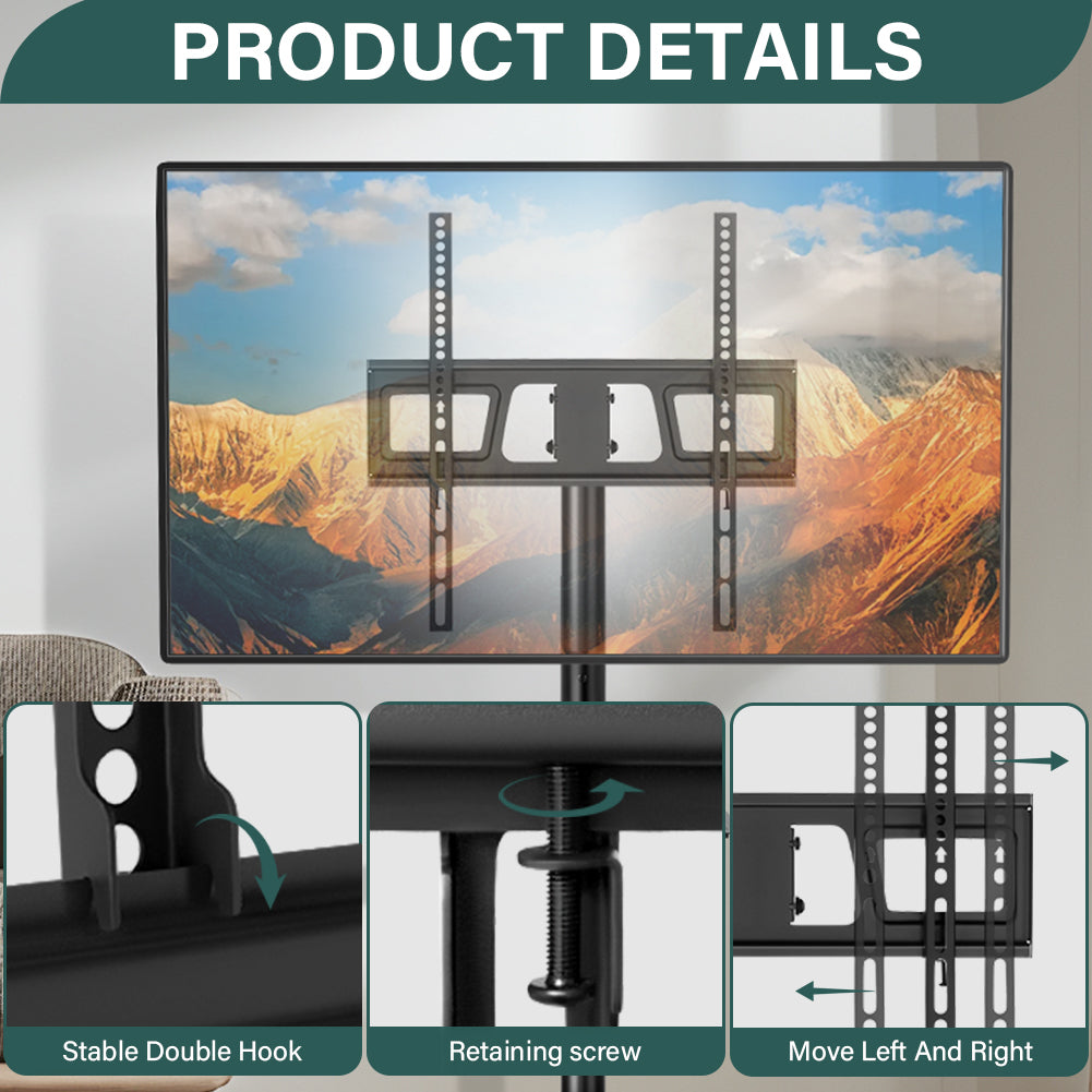 BFTOU Mobile TV Stand with Castors, suitable for 32–55-inch screens, maximum load capacity of 55 lbs, height-adjustable
