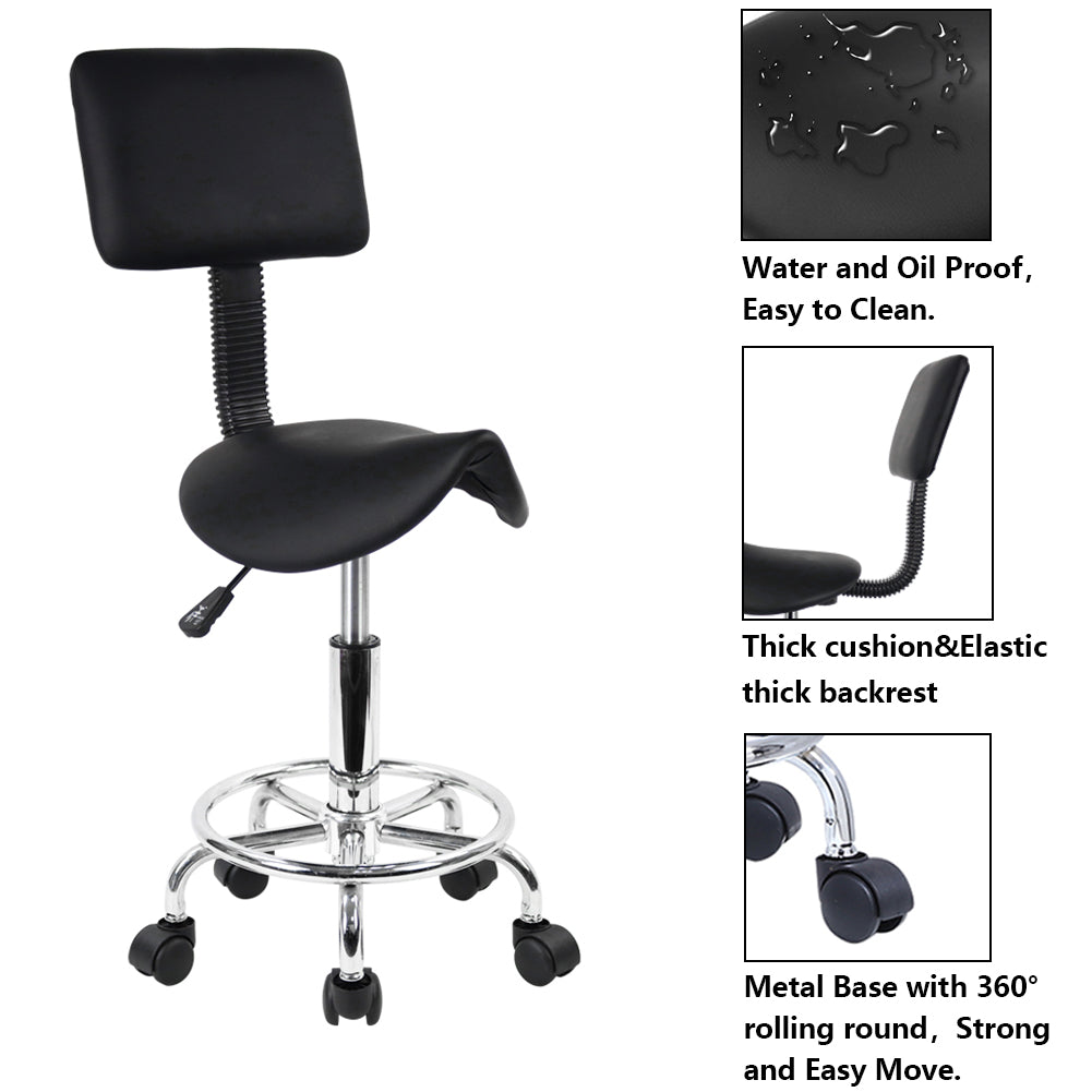 KKTONER Saddle Stool with Foot Rest PU Leather Swivel Adjustable Rolling Stools with Back Support Facial Salon Chair