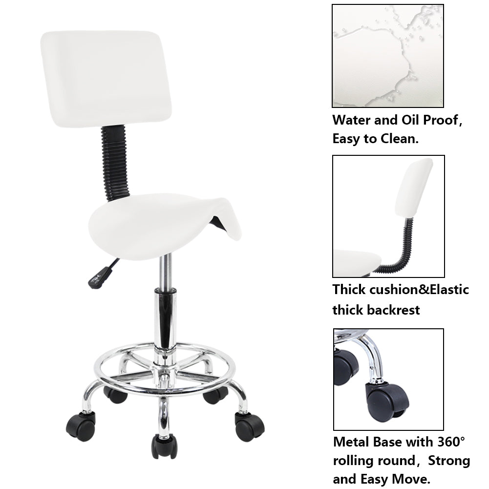 KKTONER Saddle Stool with Foot Rest PU Leather Swivel Adjustable Rolling Stools with Back Support Facial Salon Chair