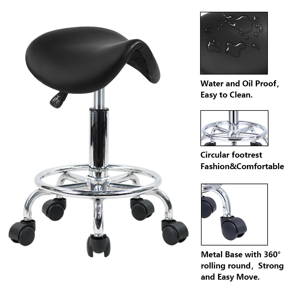 KKTONER Saddle Stool with Foot Rest PU Leather Swivel Adjustable Rolling Stool with Wheels Facial Salon Chair (Black)