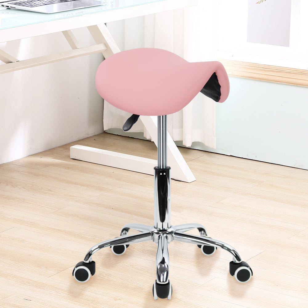 KKTONER Rolling Saddle Stool PU Leather Swivel Adjustable Rolling Stool with Wheels Salon Chair (Pink)