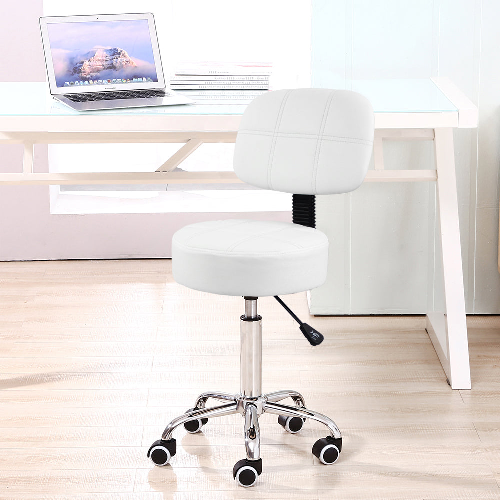 KKTONER Round Rolling Chair with Back PU Leather Height Adjustable Swivel Drafting Salon Stools White