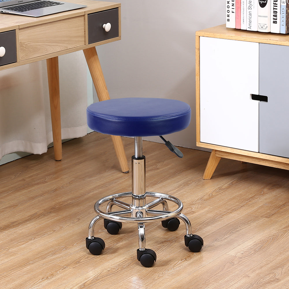 KKTONER PU Leather Round Rolling Stool with Foot Rest Swivel Height Adjustment Tattoo Stools Blue