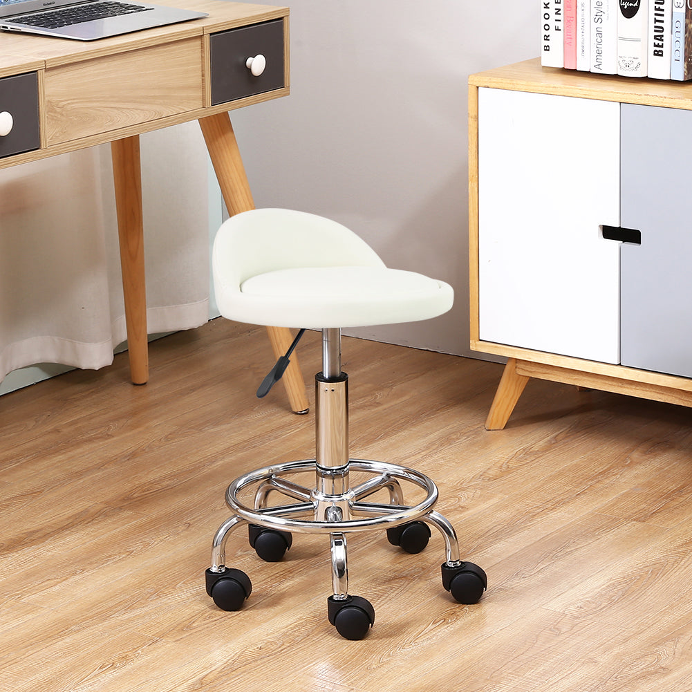 KKTONER PU Leather Rolling Stool with Low Backrest Desk Chair Home Office stool White