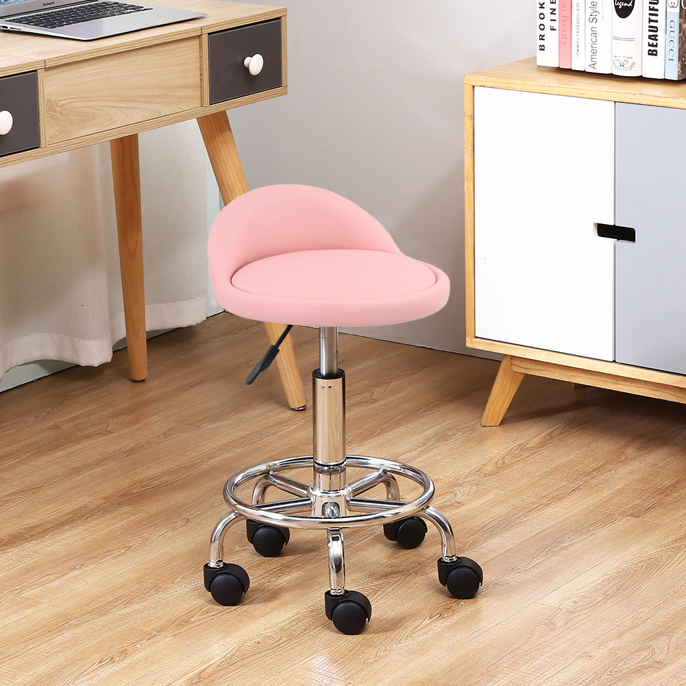 KKTONER PU Leather Rolling Stool with Low Backrest Desk Chair Home Office stool Pink
