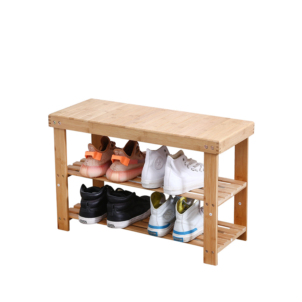 KKTONER Bamboo Shoe Rack Bench 2 Tiers Shoes Organizer Bench Hallway Bathroom Living Room (Natural)