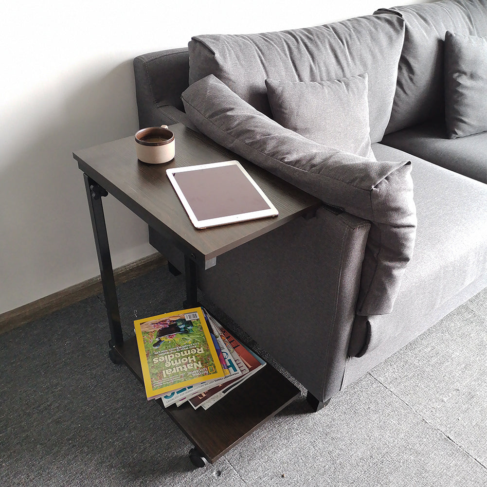 KKTONER Sofa Side Table Slide Under Height Adjustable Wooden Laptop Table with Wheels Walnut Color