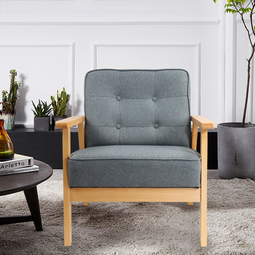 KKTONER Retro Sofa Chair with Armrest Mid-Century Lounge Fabric Sofa Wooden Balcony Chair Study Reception Bedroom Living room (Grey)