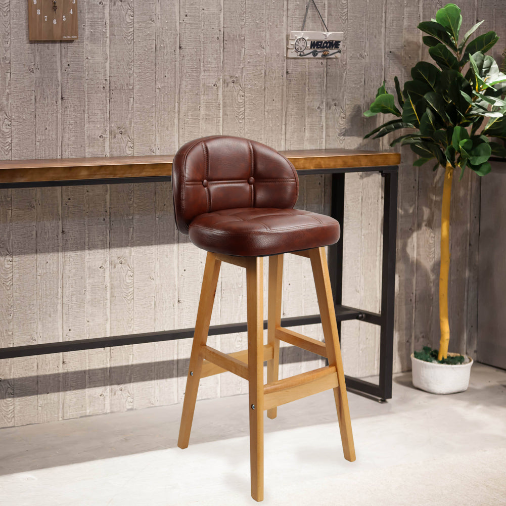 KKTONER PU Leather Bar Stool Retro Solid Wood Industrial Style Kitchen Stool Pub Chair Counter Stool with Low Back (Brown)