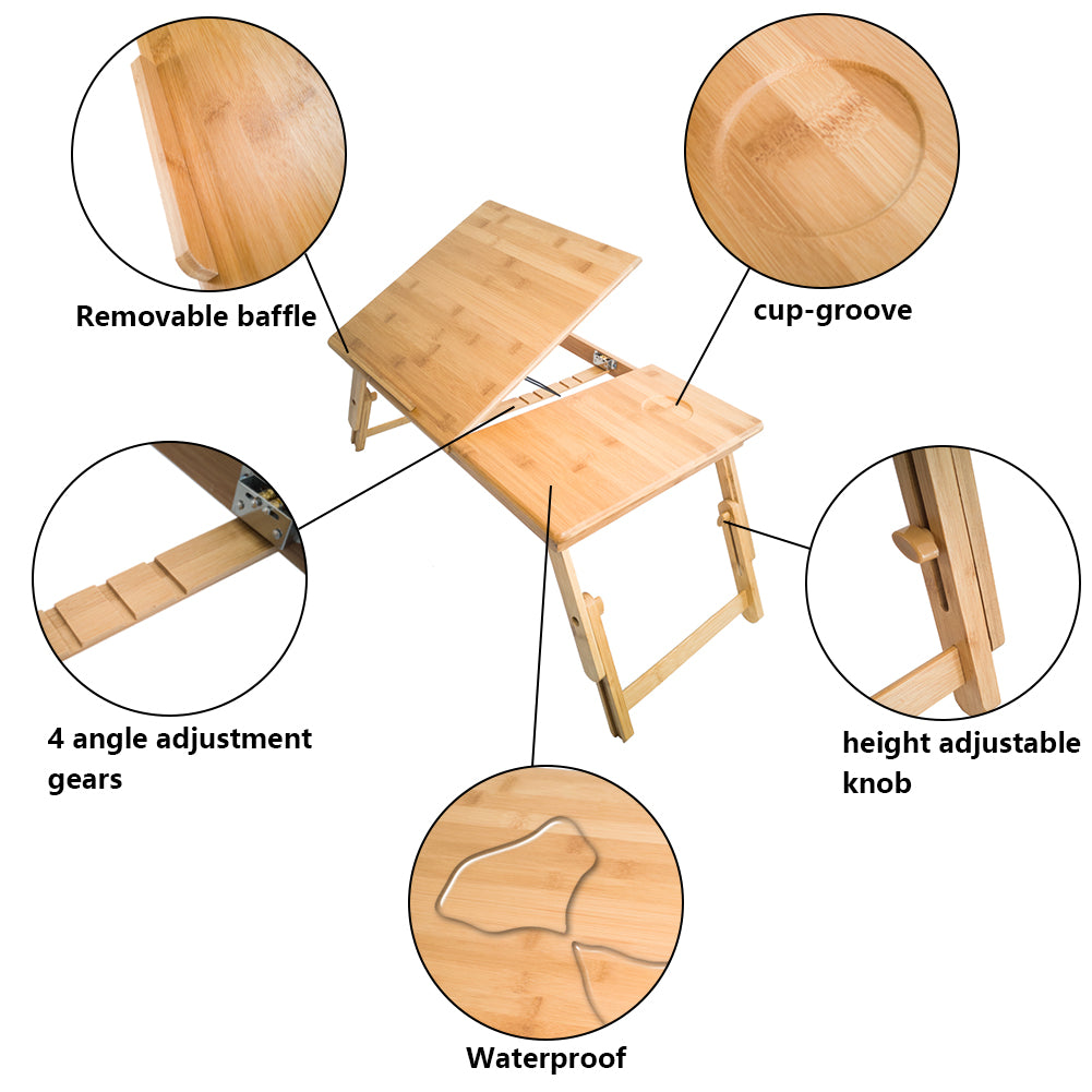 KKTONER Laptop-Ständer, Schoßschreibtisch mit verstellbarem Bein, 100 % Bambus, faltbares Frühstücks-Serviertablett fürs Bett (flach)