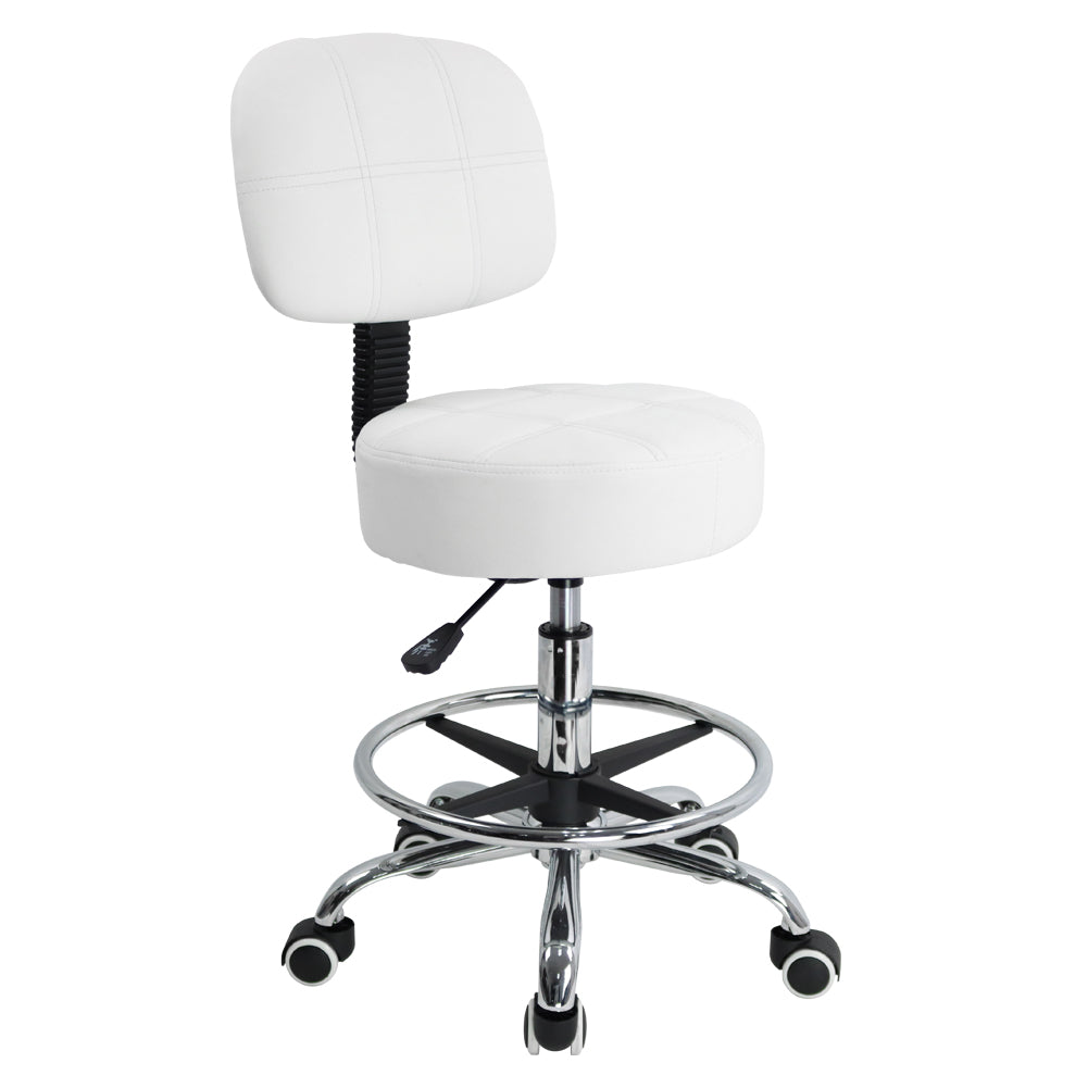 KKTONER Swivel Round Rolling Stool PU Leather with Adjustable Footrest Height Adjustable Task Work Drafting Chair with Back White