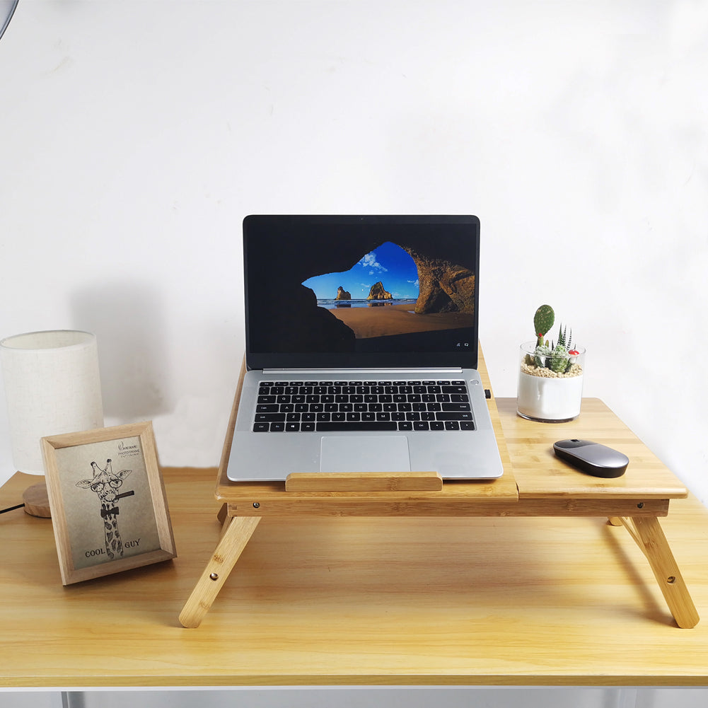 KKTONER Laptop Stand Lap Desk Table with Adjustable Leg 100% Bamboo Foldable Breakfast Serving Bed Tray (Flower)