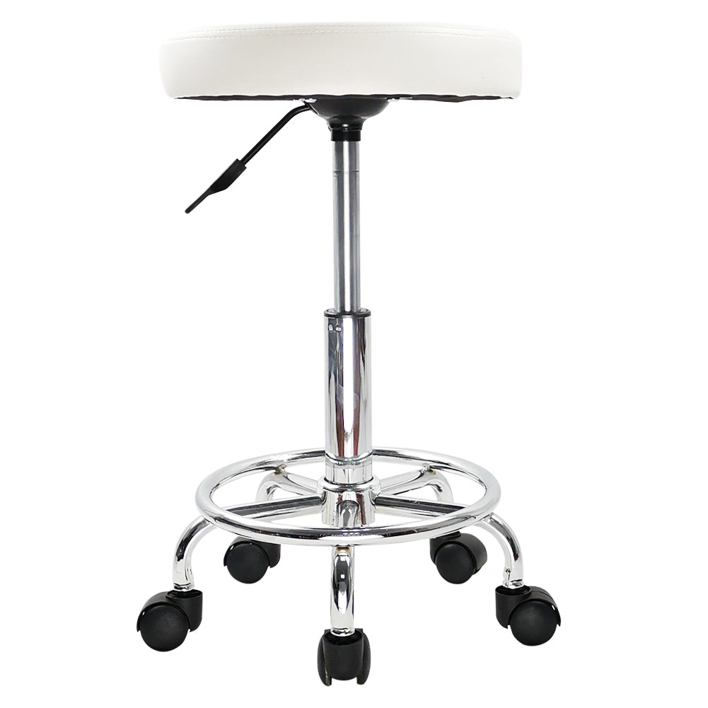 KKTONER PU Leather Round Rolling Stool with Foot Rest Swivel Height Adjustment Tattoo Stools White
