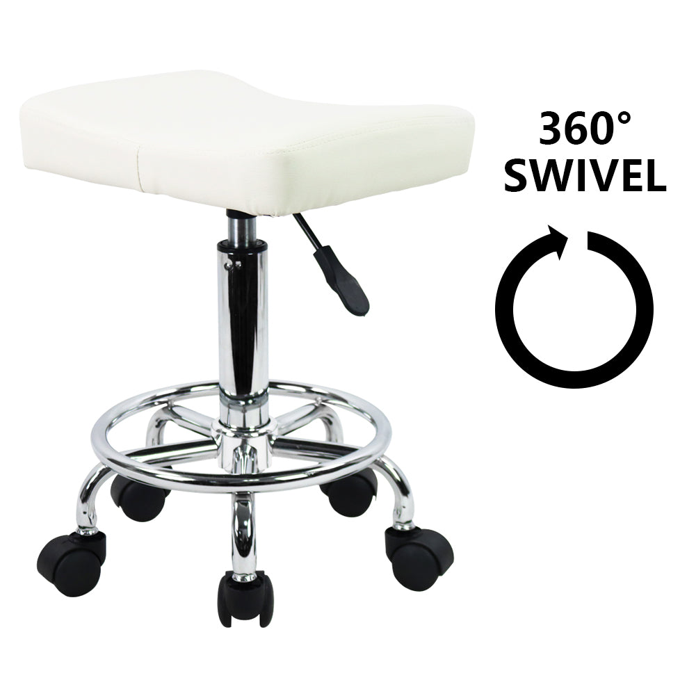 KKTONER Square Rolling Stool PU Leather Height Adjustable Swivel Massage SPA Salon Stools Task Chair with footrest Small (White)