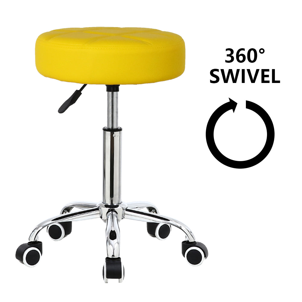 KKTONER Taburete redondo con ruedas de piel sintética, altura ajustable, silla de salón de dibujo giratoria, color amarillo 