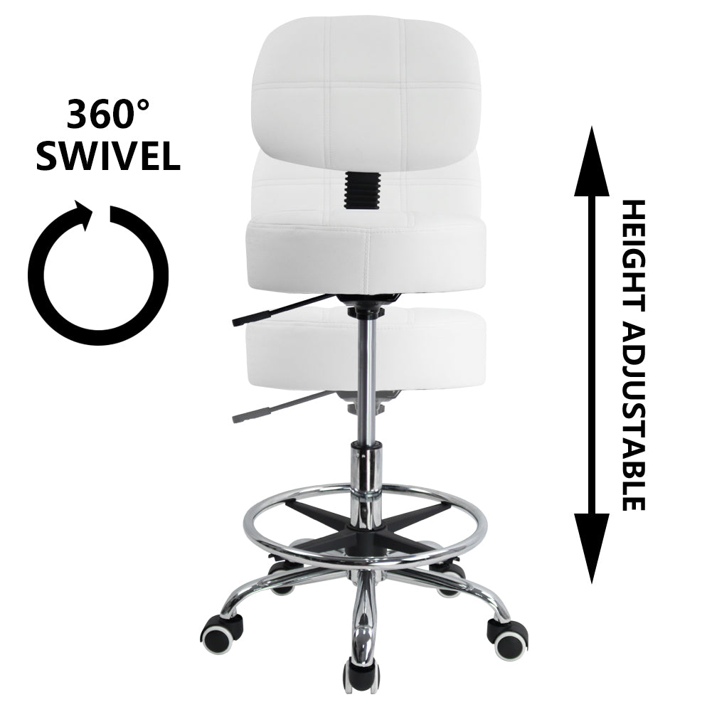 KKTONER Swivel Round Rolling Stool PU Leather with Adjustable Footrest Height Adjustable Task Work Drafting Chair with Back White