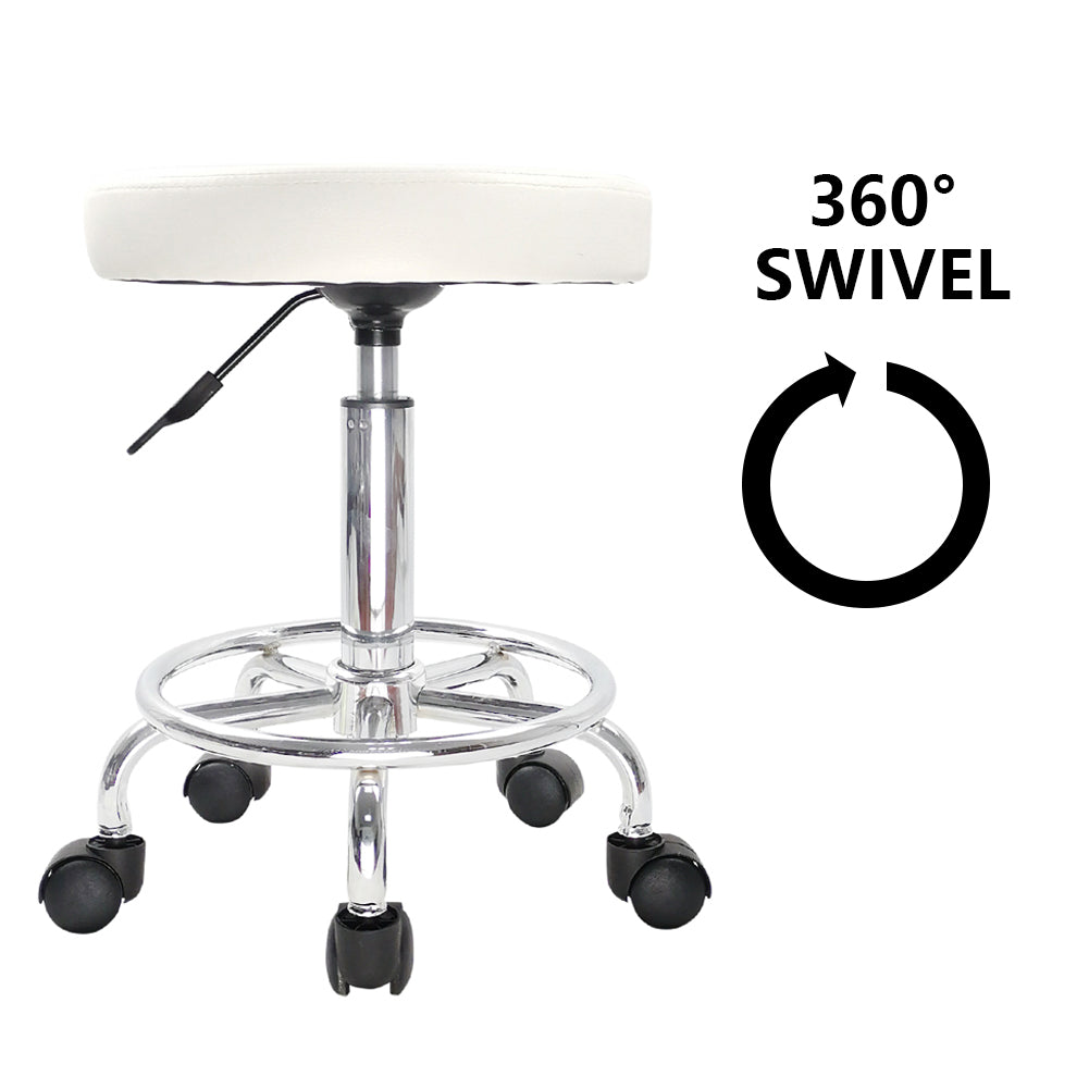 KKTONER PU Leather Round Rolling Stool with Foot Rest Swivel Height Adjustment Tattoo Stools White