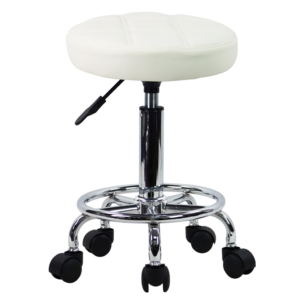 KKTONER Round Rolling Stool Chair PU Leather Height Adjustable Swivel Drafting Stools with Wheels Small (White)
