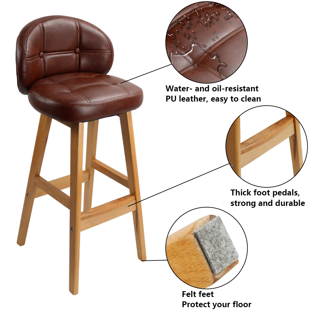 KKTONER PU Leather Bar Stool Retro Solid Wood Industrial Style Kitchen Stool Pub Chair Counter Stool with Low Back (Brown)