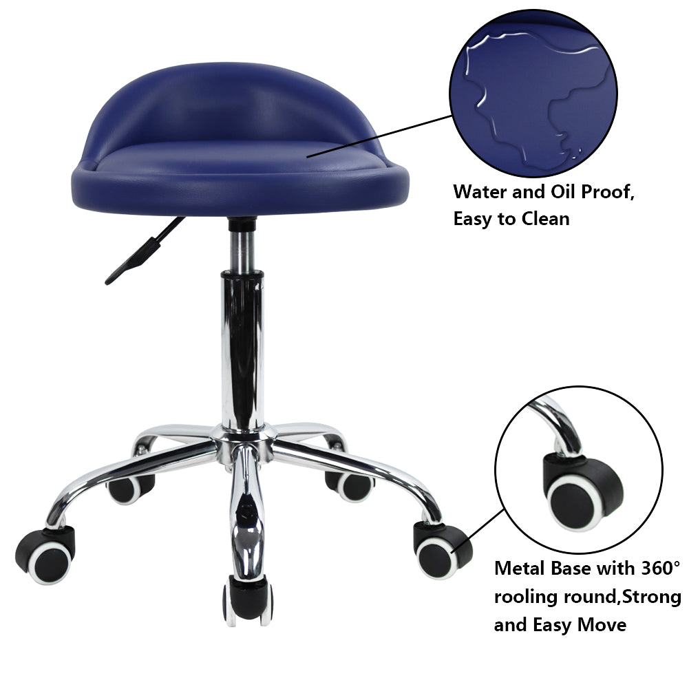 KKTONER PU Leather Rolling Stool with Low Backrest Desk Chair Home Office stool Blue