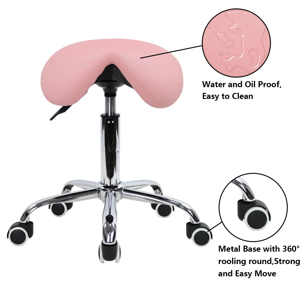 KKTONER Rolling Saddle Stool PU Leather Swivel Adjustable Rolling Stool with Wheels Salon Chair (Pink)