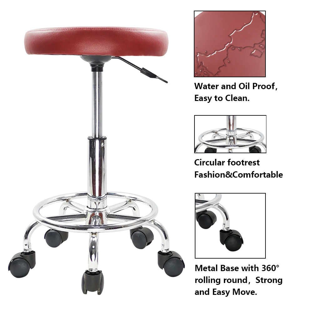KKTONER PU Leather Round Rolling Stool with Foot Rest Swivel Height Adjustment Tattoo Stools Red