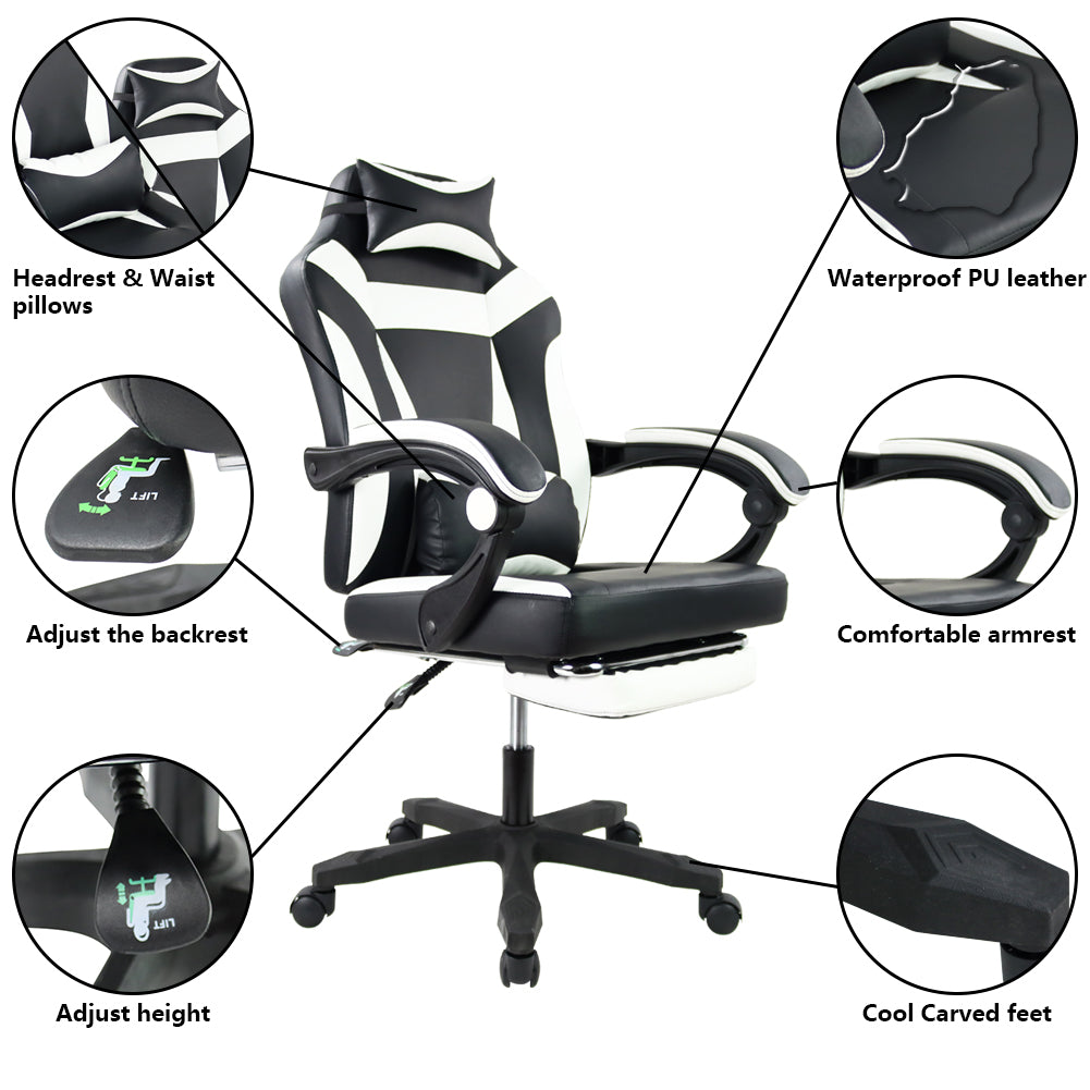KKTONER Ergonomischer Gaming-Stuhl, Chefsessel, Bürostuhl für E-Sport, Rennen, drehbar, höhenverstellbar, mit Armlehne (weiß) 