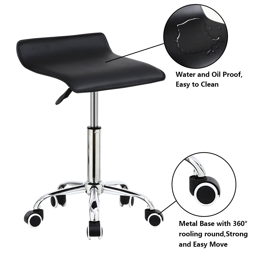 KKTONER Square Rolling Stool PU Leather Height Adjustable Swivel Massage SPA Salon Stools Task Chair with Wheels Black