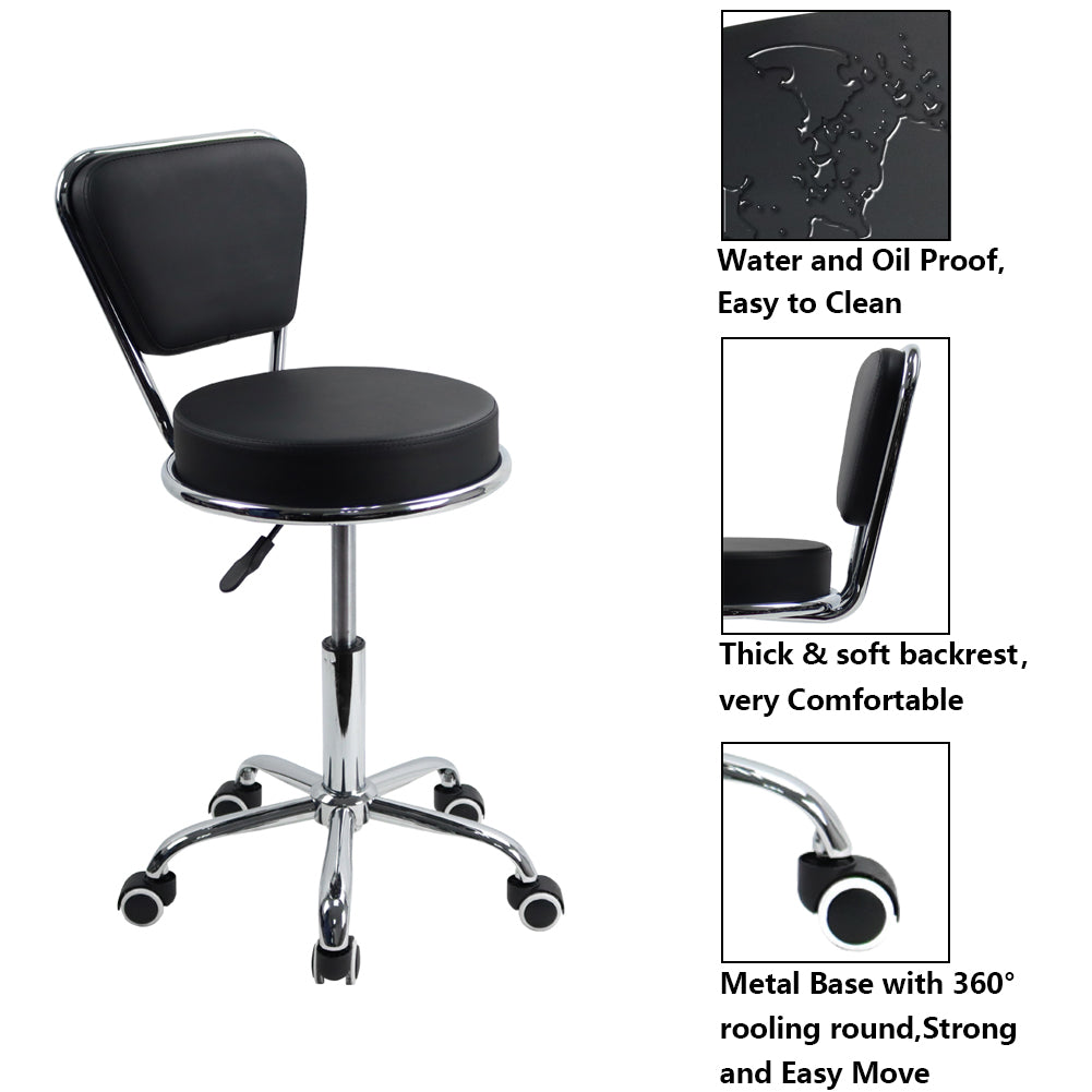 KKTONER PU Leather Swivel Rolling Stool Height Adjustable Modern Cushion Office Chair with Back (Black)
