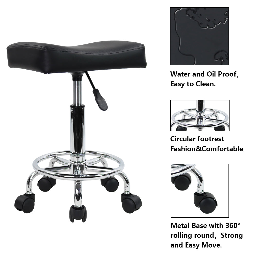 KKTONER Square Rolling Stool PU Leather Height Adjustable Swivel Massage SPA Salon Stools Task Chair with footrest Small (Black)