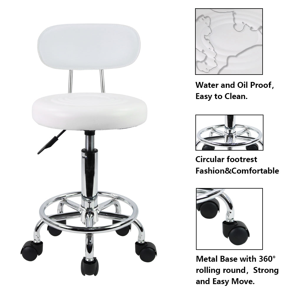 KKTONER Small PU Leather Modern Rolling Stool with Low Back Height Adjustable Work Salon Drafting Swivel Task Small Chair with Footrest (White)