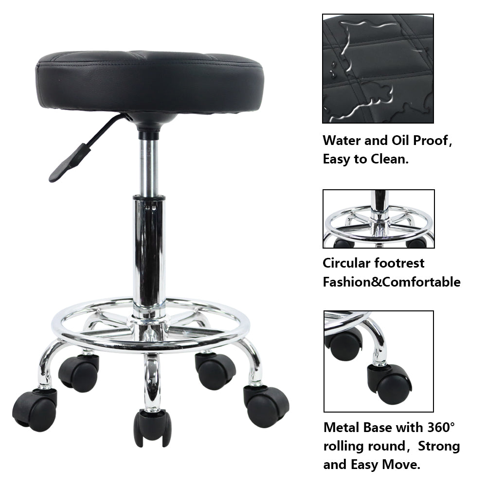 KKTONER Round Rolling Stool Chair PU Leather Height Adjustable Swivel Drafting Stools with Wheels Small (Black)