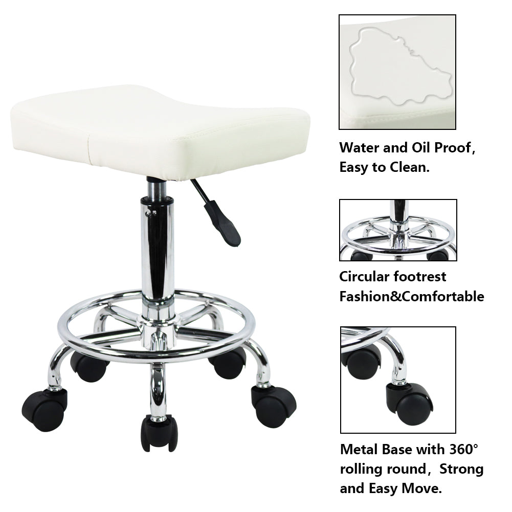 KKTONER Taburete cuadrado con ruedas de piel sintética, altura ajustable, giratorio, para masaje, spa, salón, silla de trabajo con reposapiés pequeño (blanco) 