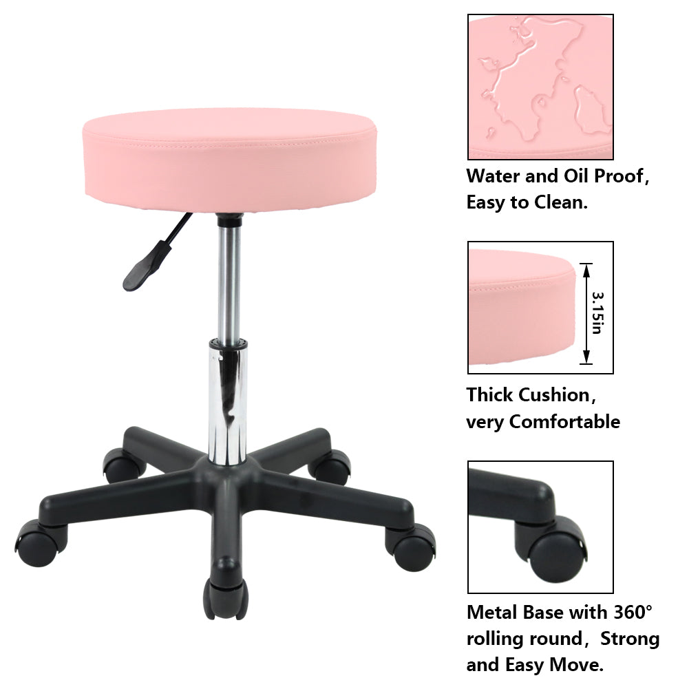 KKTONER Taburete redondo con ruedas de piel sintética, altura ajustable, giratorio, para trabajo, spa, salón médico, color rosa