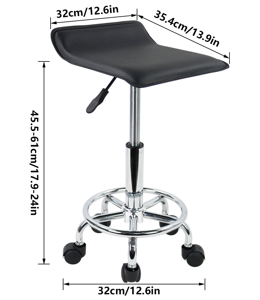 KKTONER Square Height Adjustable Rolling Stool with Foot Rest PU Leather Seat Spa Drafting Salon Tattoo Workstation Swivel Office Stools Small (Black)