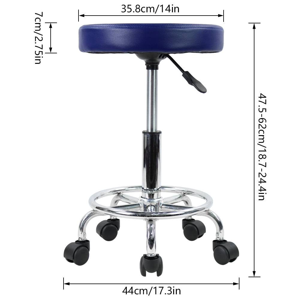 KKTONER PU Leather Round Rolling Stool with Foot Rest Swivel Height Adjustment Tattoo Stools Blue