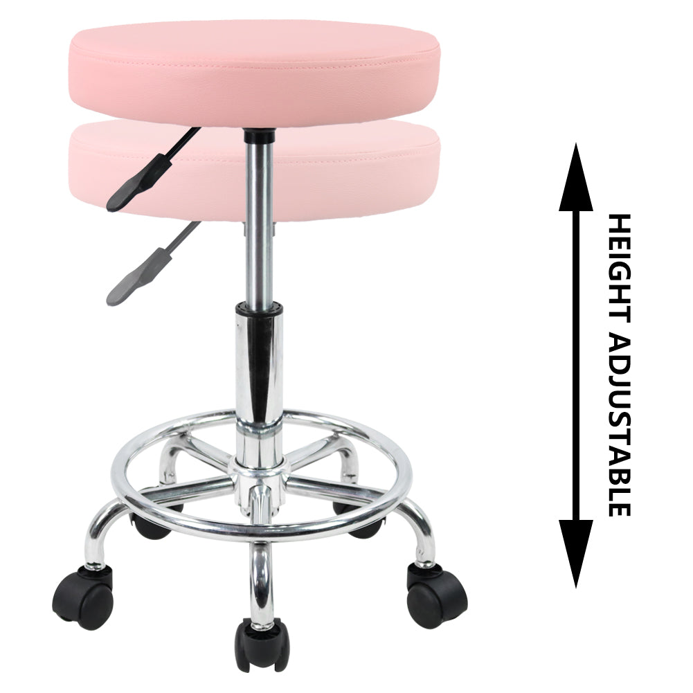 KKTONER PU Leather Round Rolling Stool with Foot Rest Swivel Height Adjustment Tattoo Stools Pink
