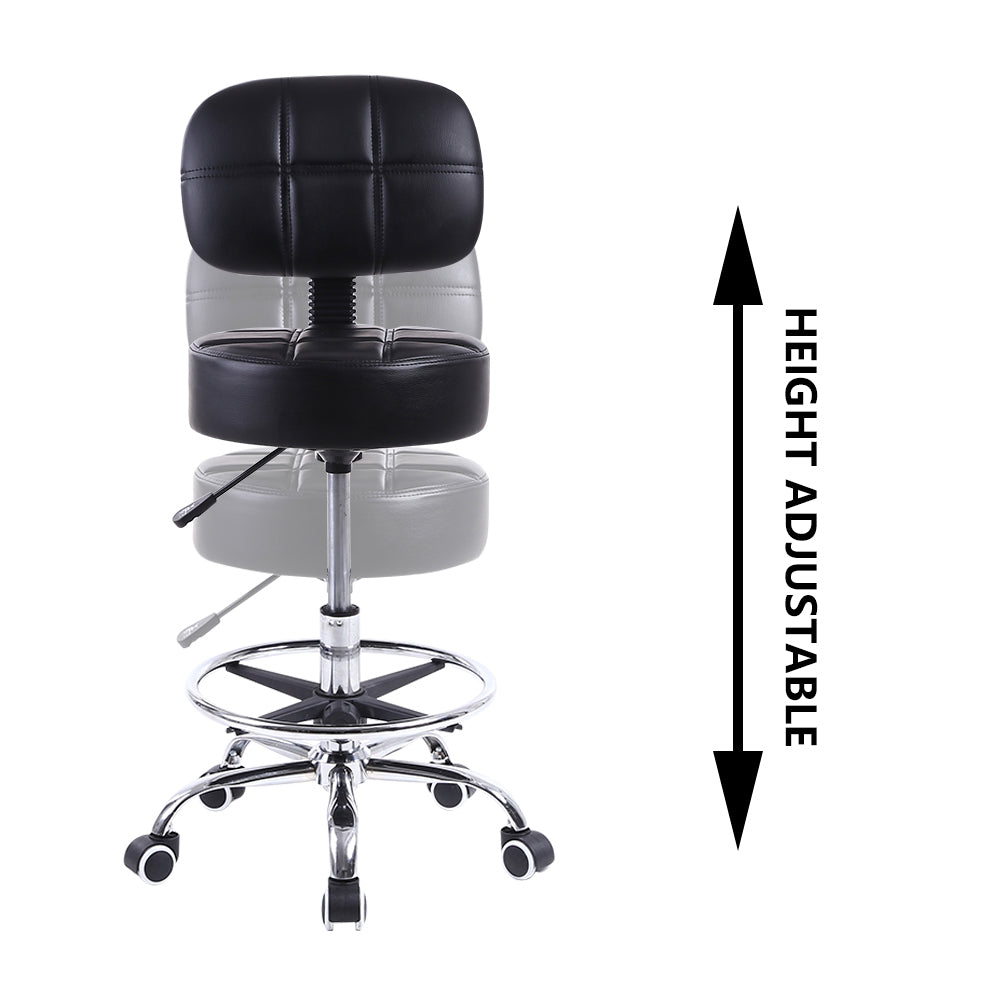 KKTONER Swivel Round Rolling Chair PU Leather with Adjustable Footrest Height Adjustable Task Work Drafting Chair with Back Black